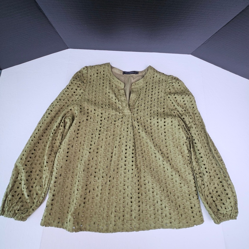 Merokeety Women Olive Green Eyelet Embroidered Split Neck Long Sleeve Blouse L - Picture 1 of 9